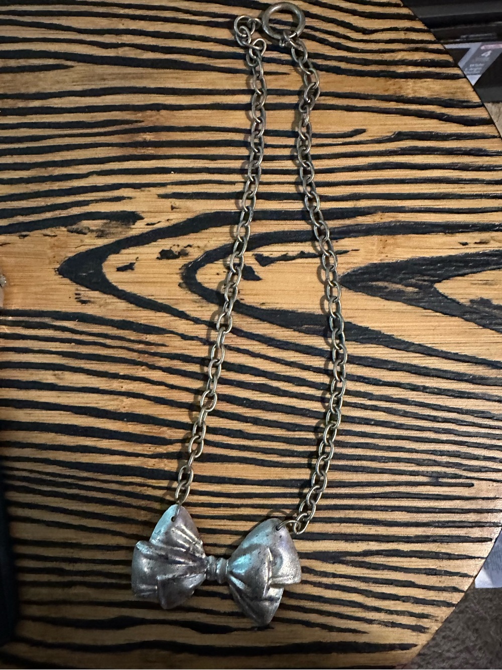 Bow Pendant Necklace - Metallic Silver Tone